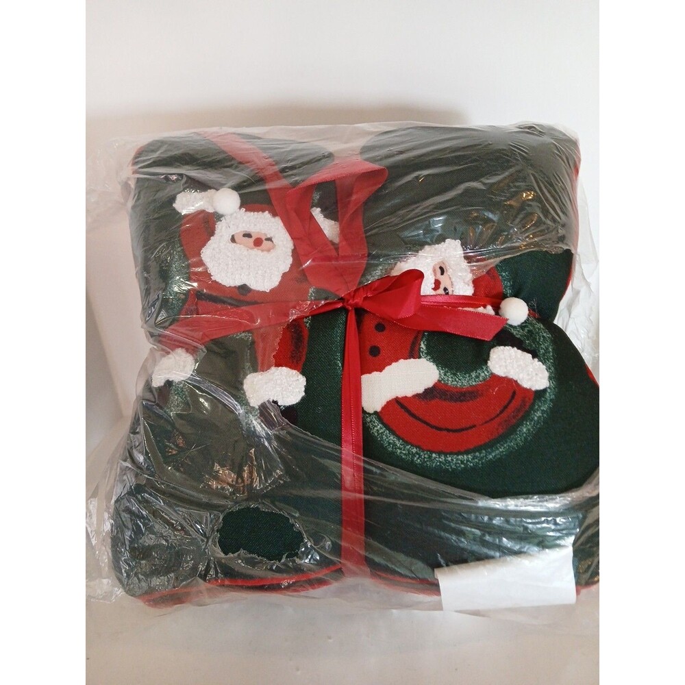 3 St. Nicholas Square Embroidered "Santa- Ho" Pillows 12×12 Hunter Green- Red